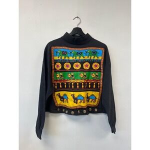 Vintage Cynthia Young Shirt Womens One Size Black Elephant Camel Coins 80s 90s